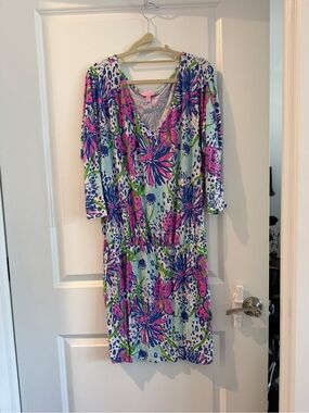 Lilly Pulitzer Pink, Blue & Green Floral Midi Dress